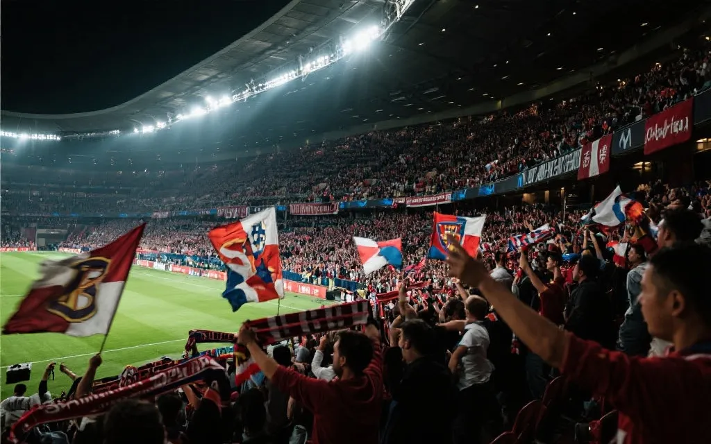 球场内景看台全满，球迷挥舞旗帜与围巾，强烈氛围与对比光，纪实摄影风格