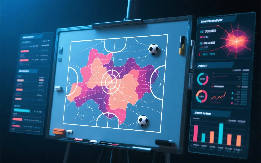 战术板与比赛数据面板的抽象画面，线条与热区图叠加，专业复盘氛围