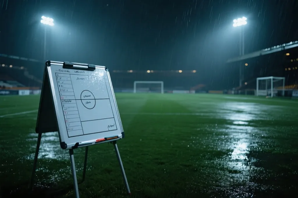 雨夜球场与战术板叠加的视觉，体现天气与战术对比分的影响